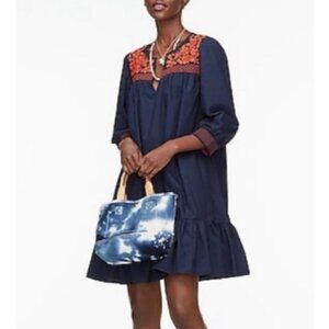 J Crew Dress M Medium Navy Blue Orange Embroid Puff Sleeve Pockets Cotton Poplin